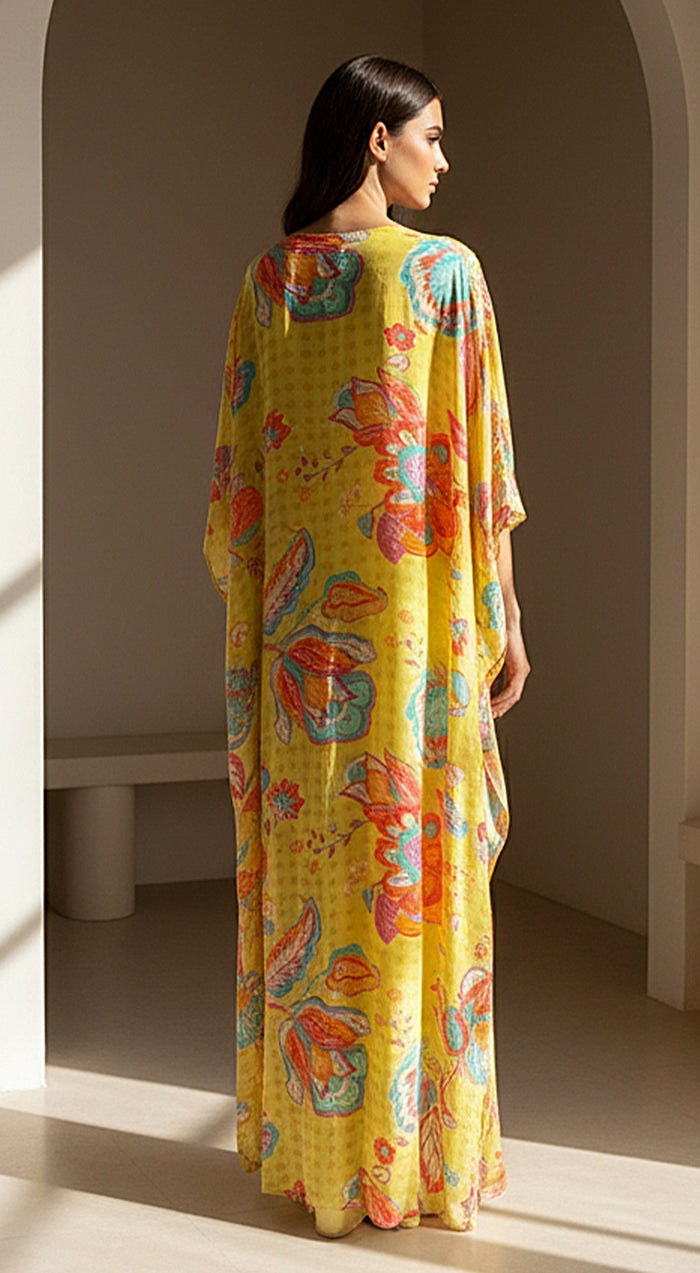 Lime Crepe Floral Embroidered Cape Set