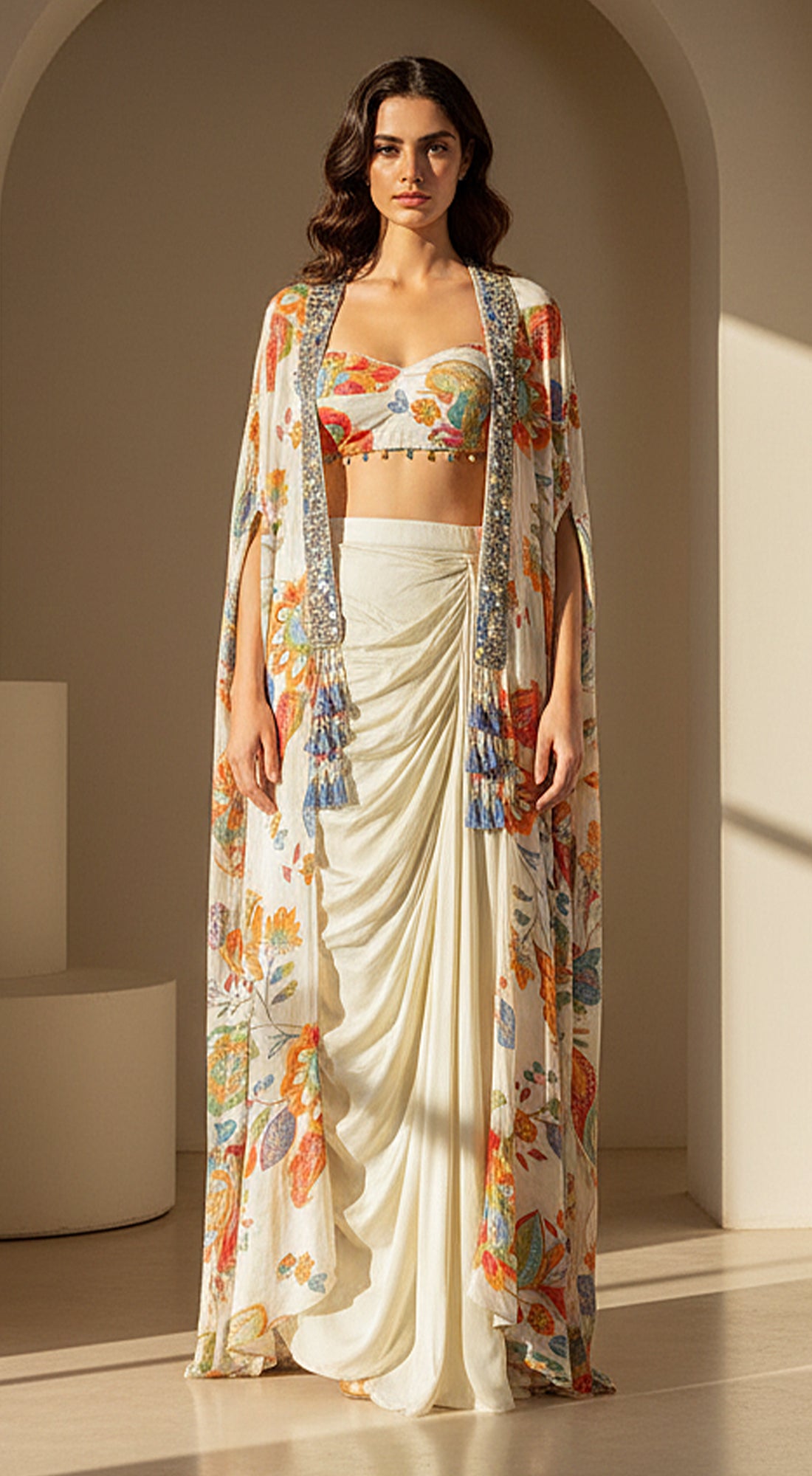 Ivory Crepe Garden Embroidered Cape Set