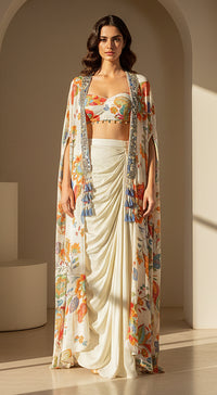 Ivory Crepe Garden Embroidered Cape Set
