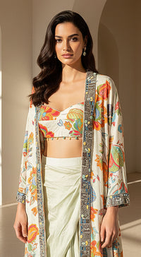 Ivory Crepe Garden Embroidered Cape Set