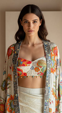 Ivory Crepe Garden Embroidered Cape Set