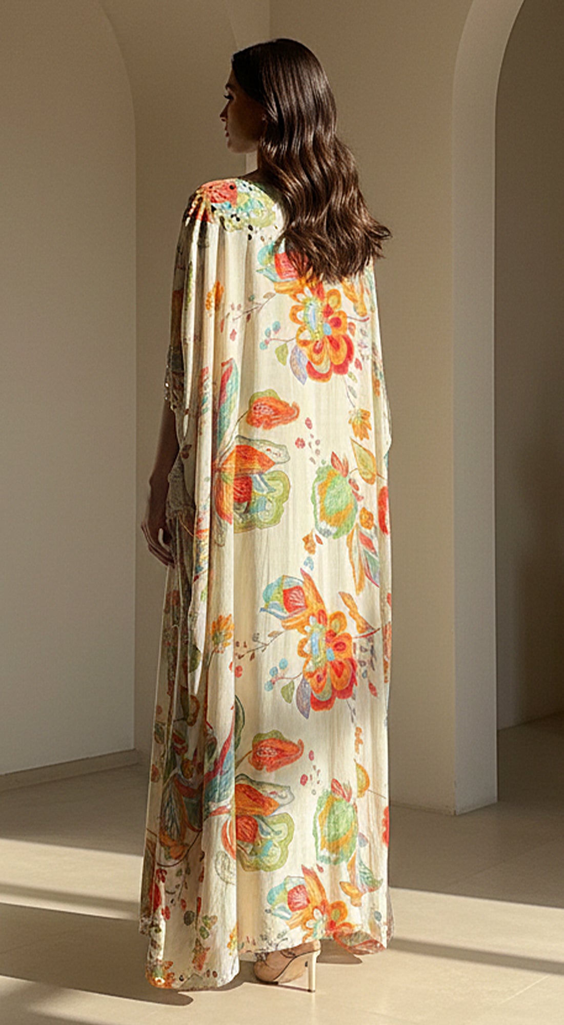 Ivory Crepe Garden Embroidered Cape Set