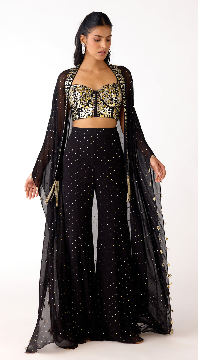 Black Mukaish Georgette Cape Set