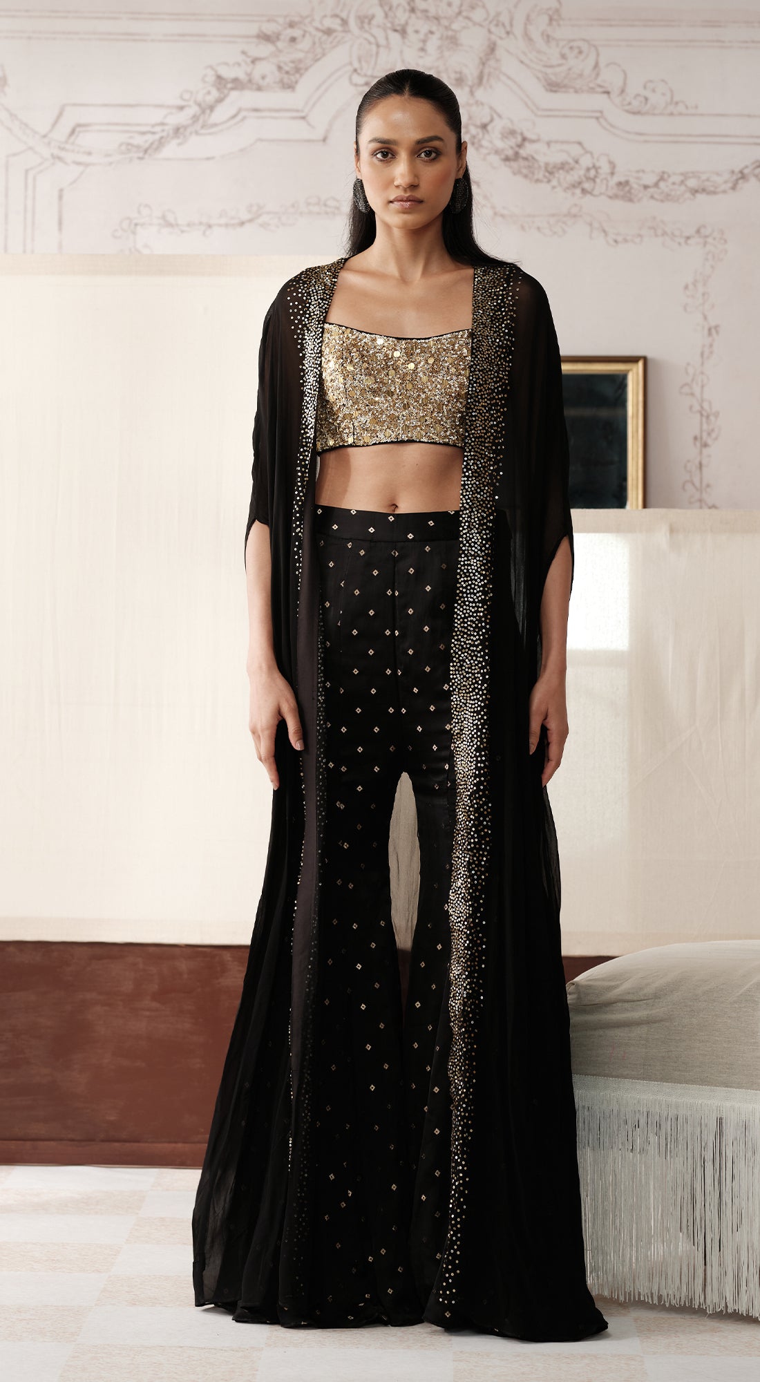 Black satin-crepe sharara with embellished organza cape - Basanti kapde aur koffee