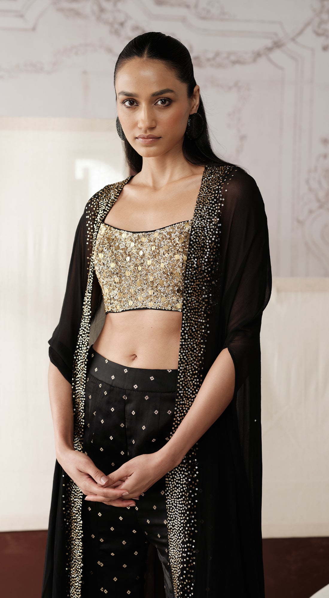 Black satin-crepe sharara with embellished organza cape - Basanti kapde aur koffee