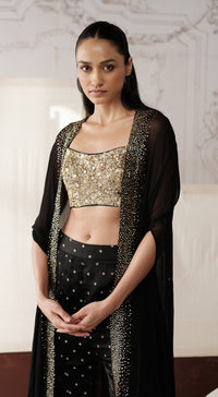 Black satin-crepe sharara with embellished organza cape - Basanti kapde aur koffee