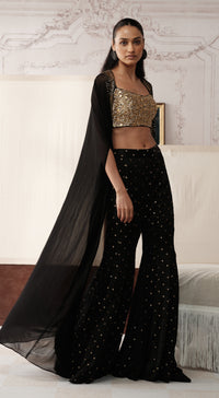 Black satin-crepe sharara with embellished organza cape - Basanti kapde aur koffee