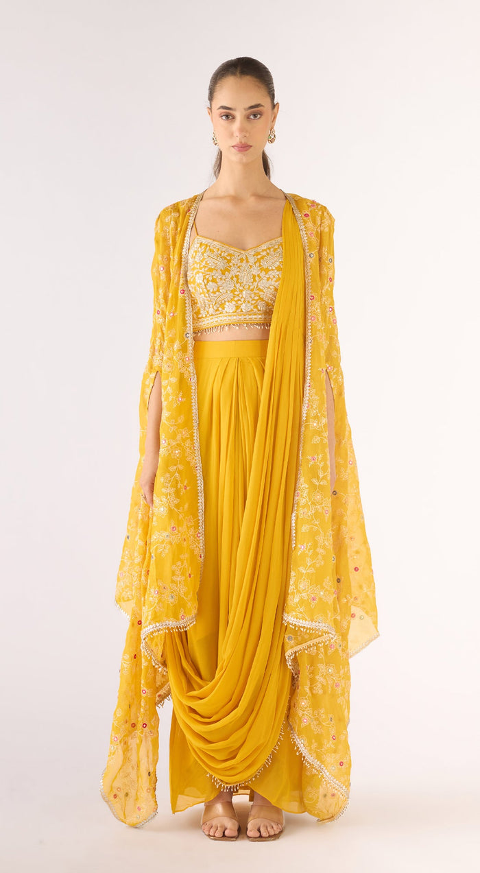 Yellow Organza Embroidered Cape Set
