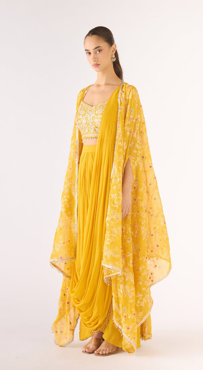 Yellow Organza Embroidered Cape Set