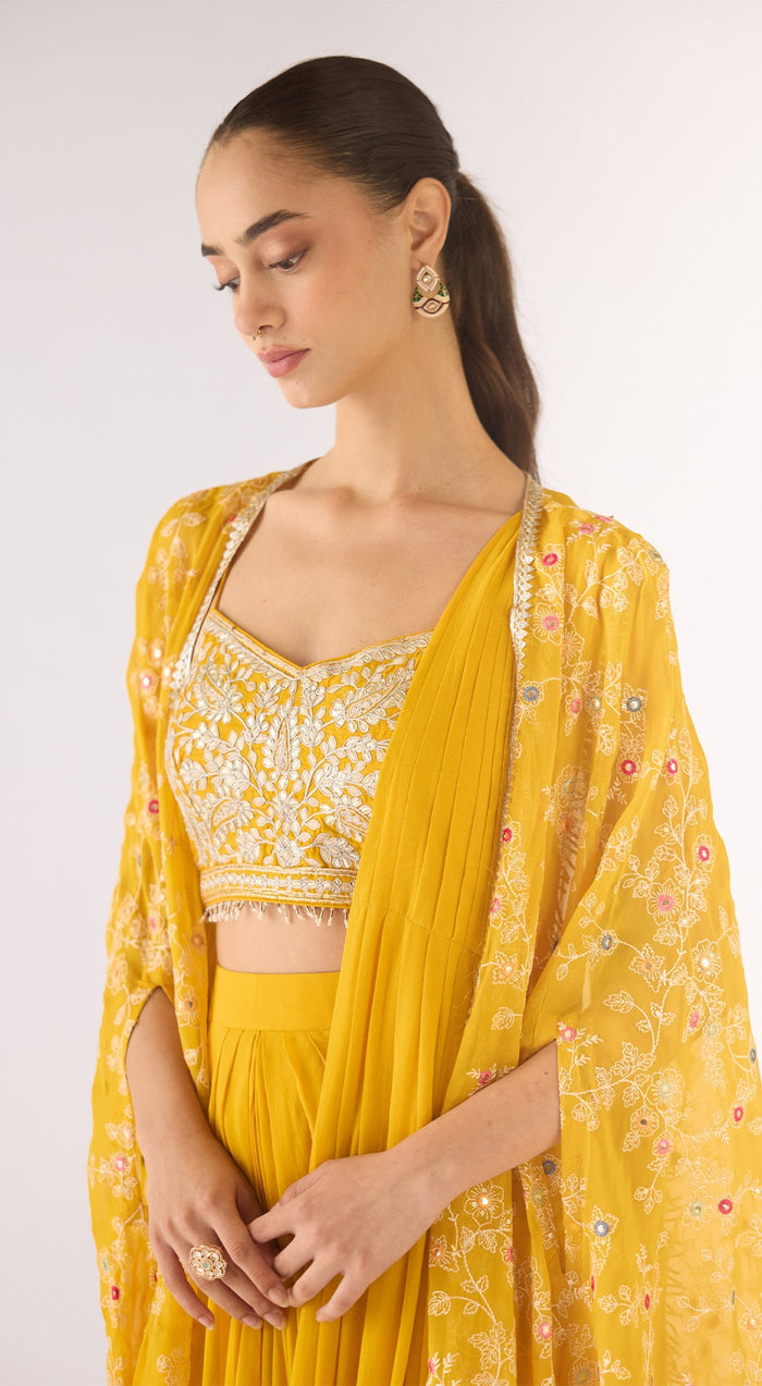 Yellow Organza Embroidered Cape Set