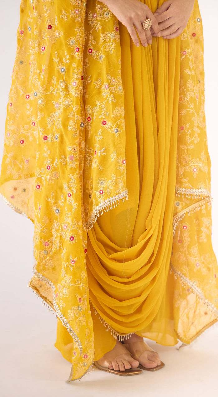 Yellow Organza Embroidered Cape Set