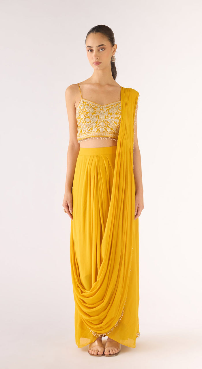 Yellow Organza Embroidered Cape Set
