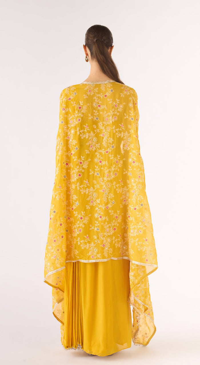 Yellow Organza Embroidered Cape Set