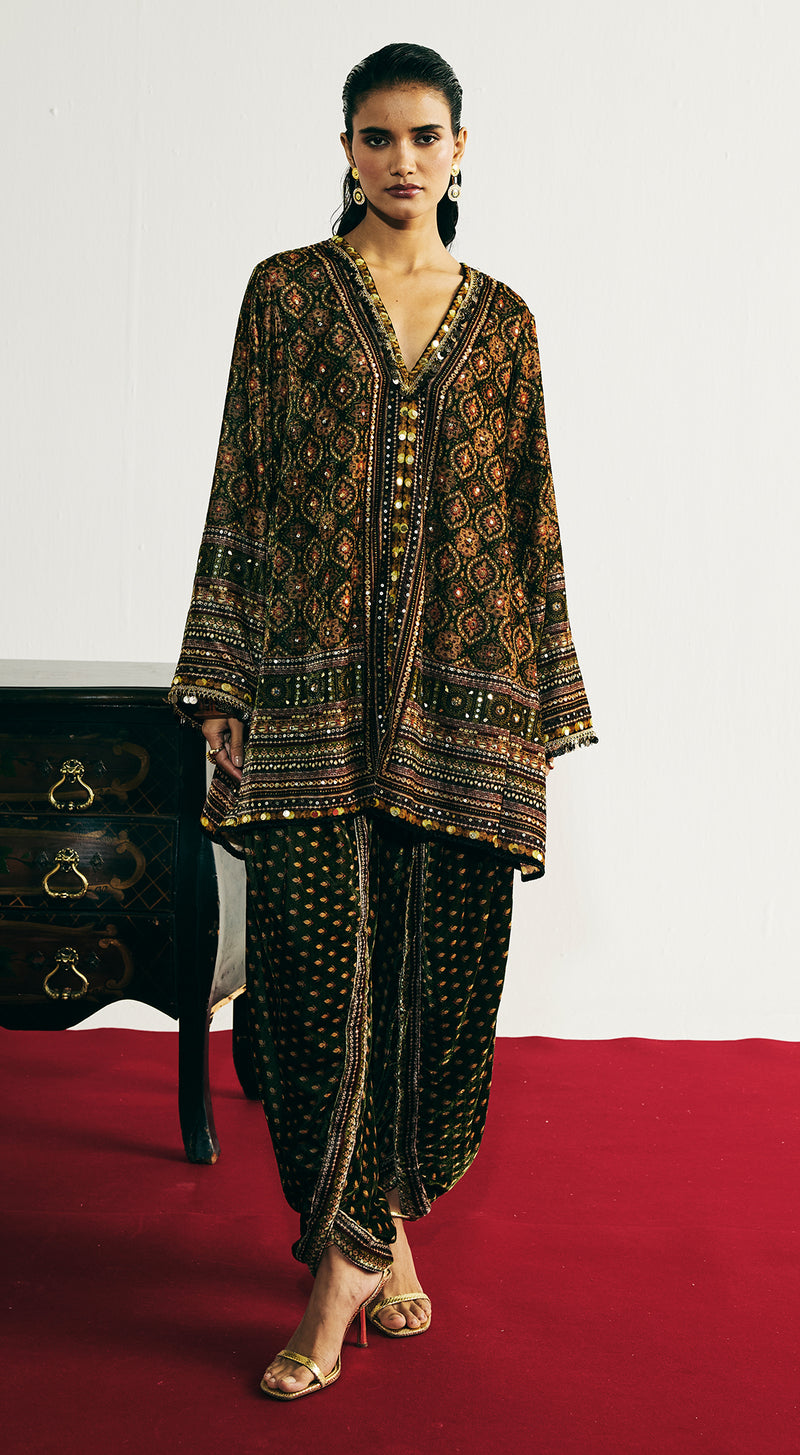 Green Velvet Embroidered Dhoti Set