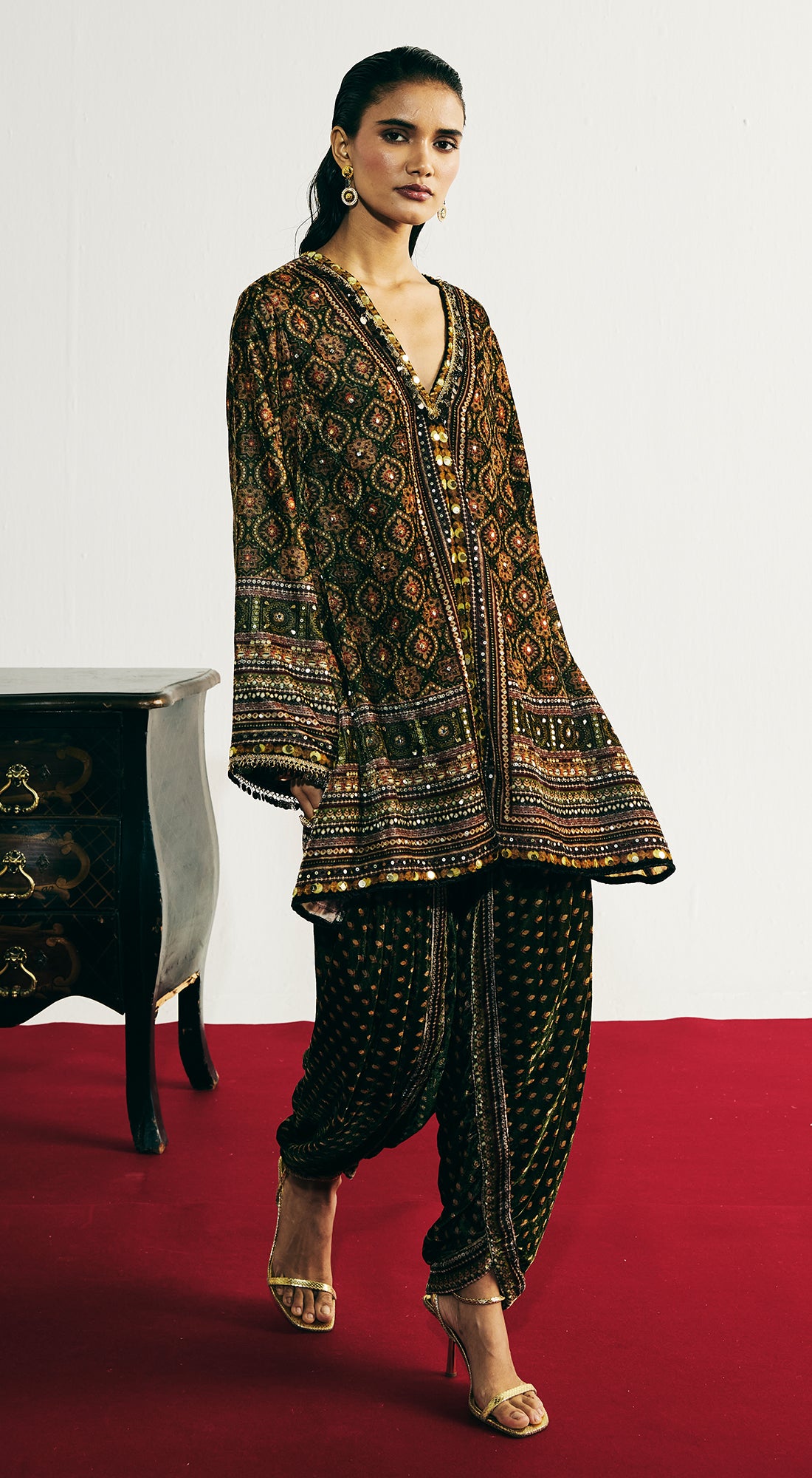 Green Velvet Embroidered Dhoti Set