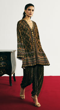 Green Velvet Embroidered Dhoti Set