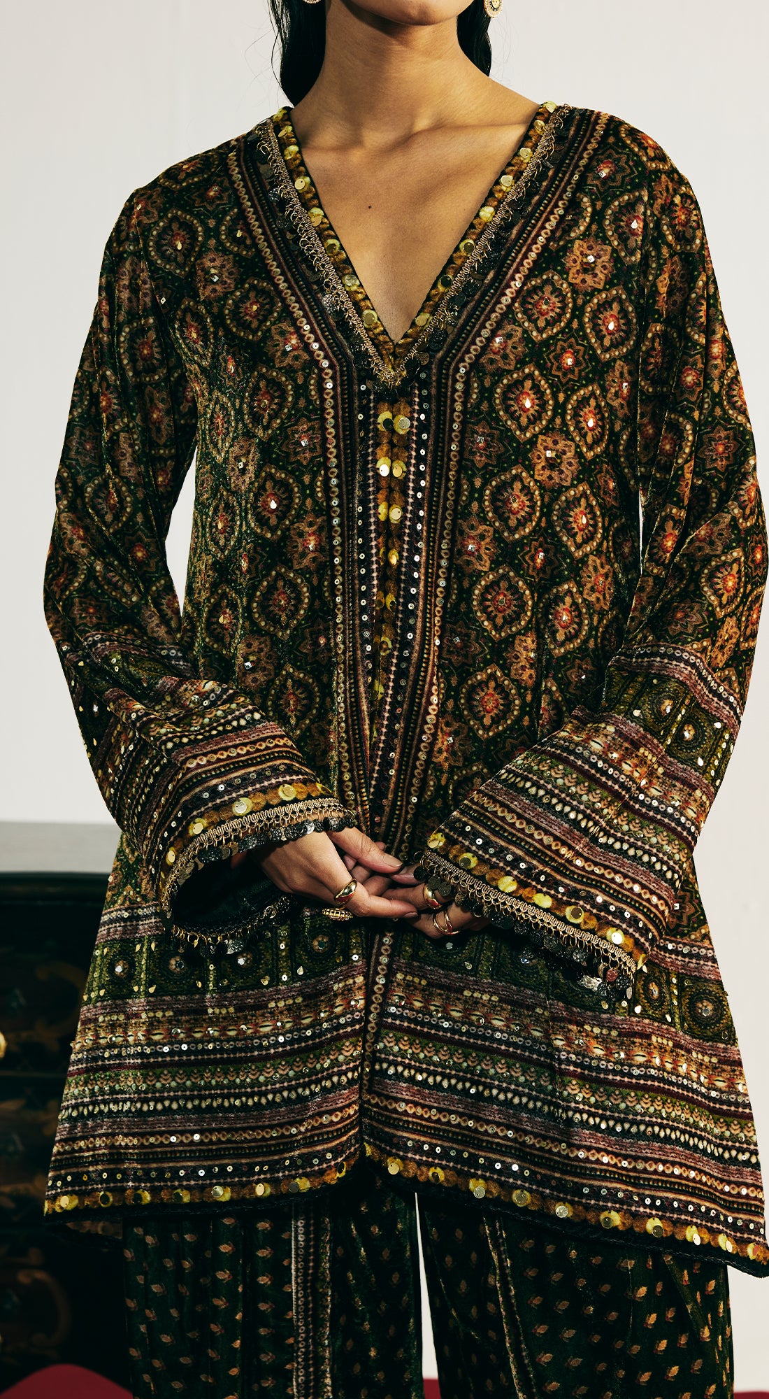 Green Velvet Embroidered Dhoti Set