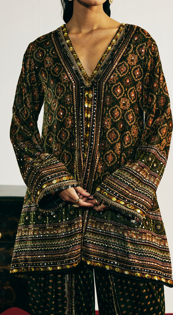 Green Velvet Embroidered Dhoti Set