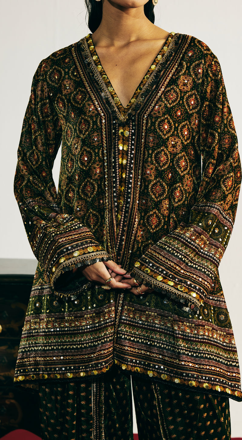 Green Velvet Embroidered Dhoti Set