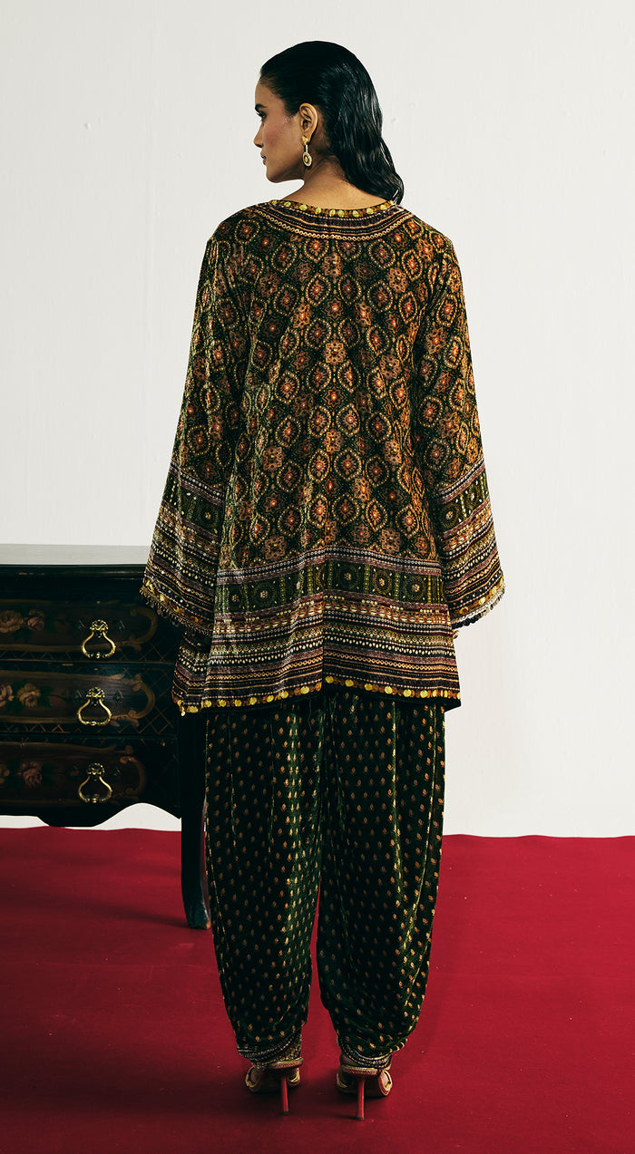 Green Velvet Embroidered Dhoti Set