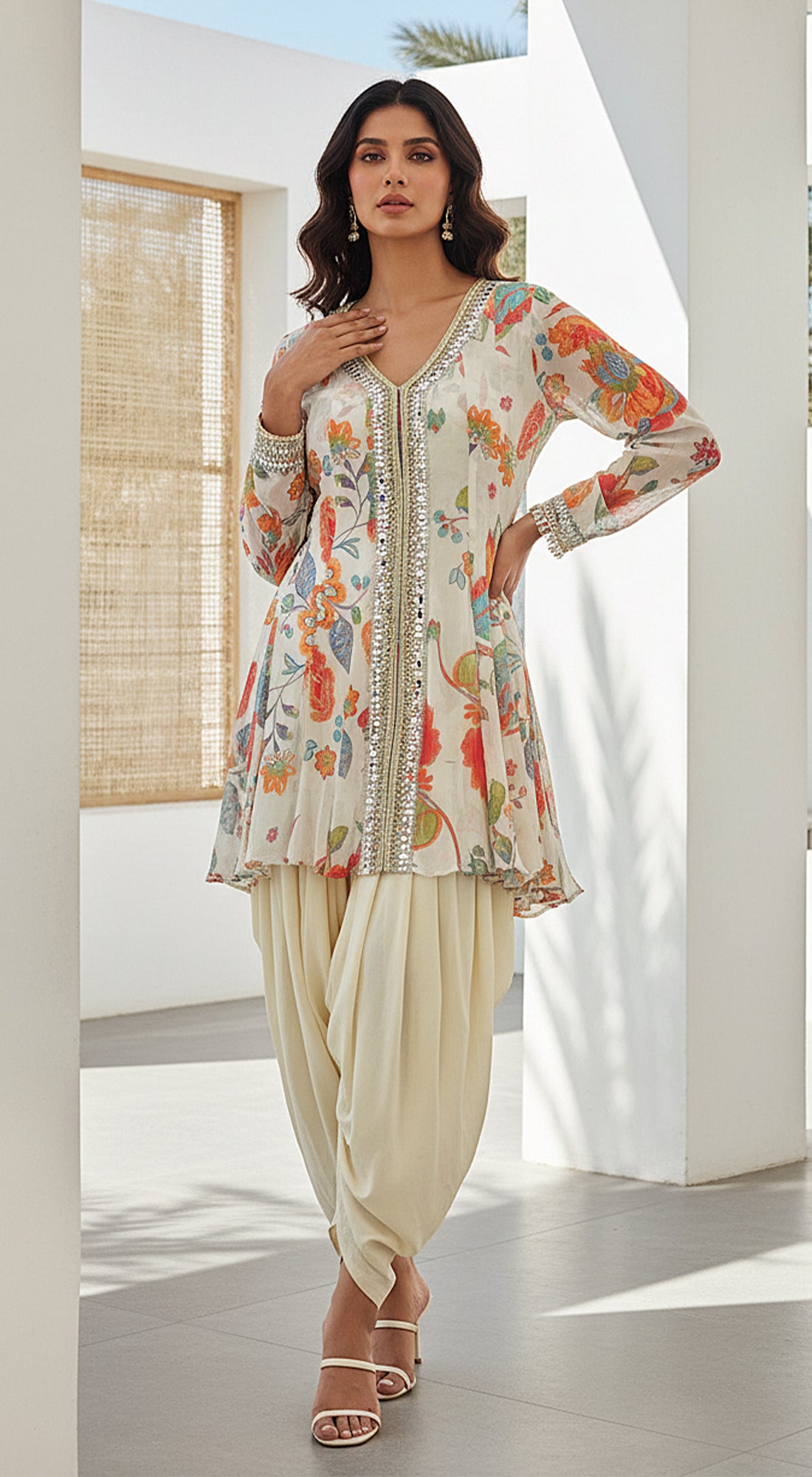 Ivory Georgette Embroidered Peplum Dhoti Set