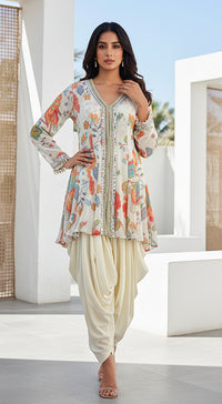 Ivory Georgette Embroidered Peplum Dhoti Set