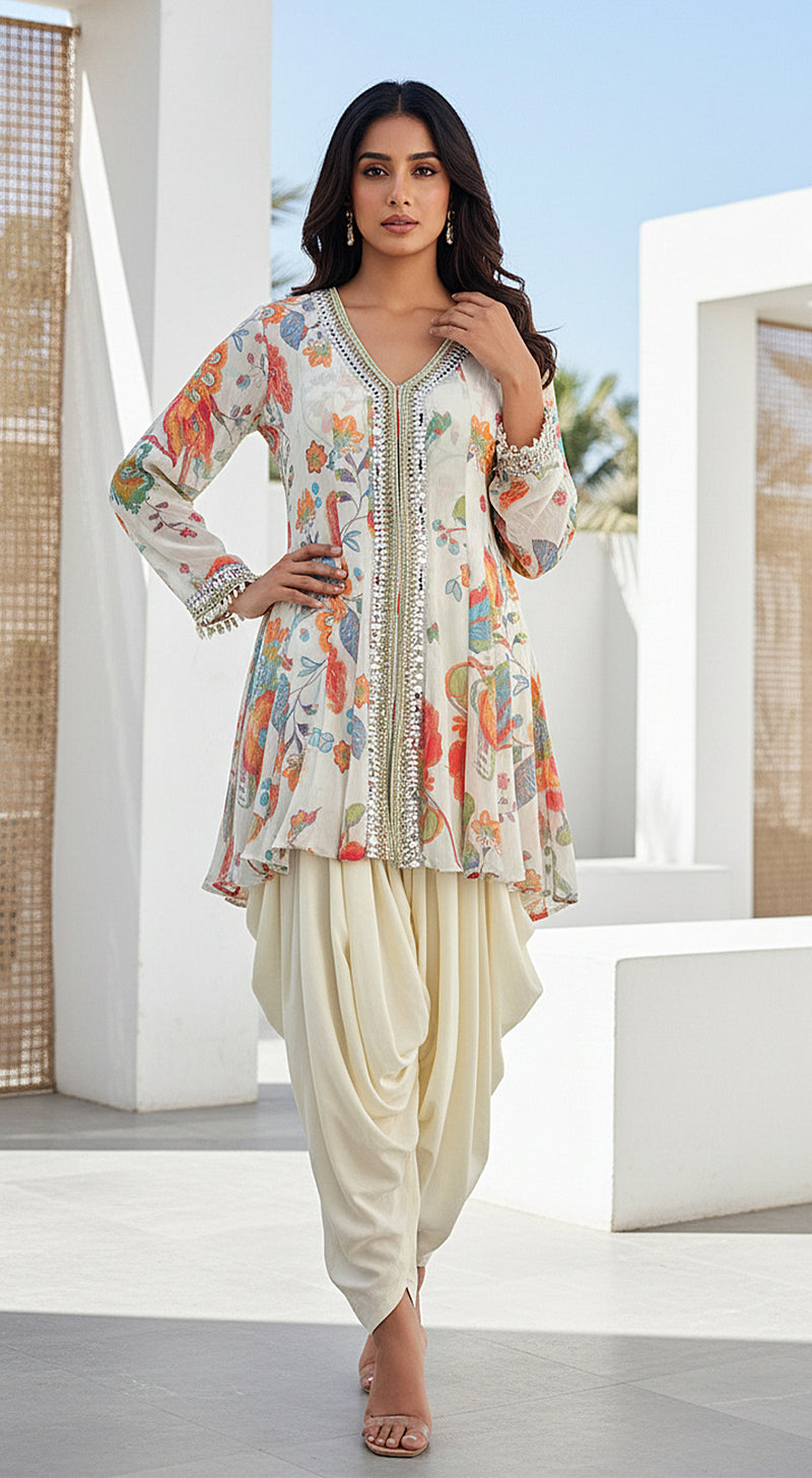 Ivory Georgette Embroidered Peplum Dhoti Set