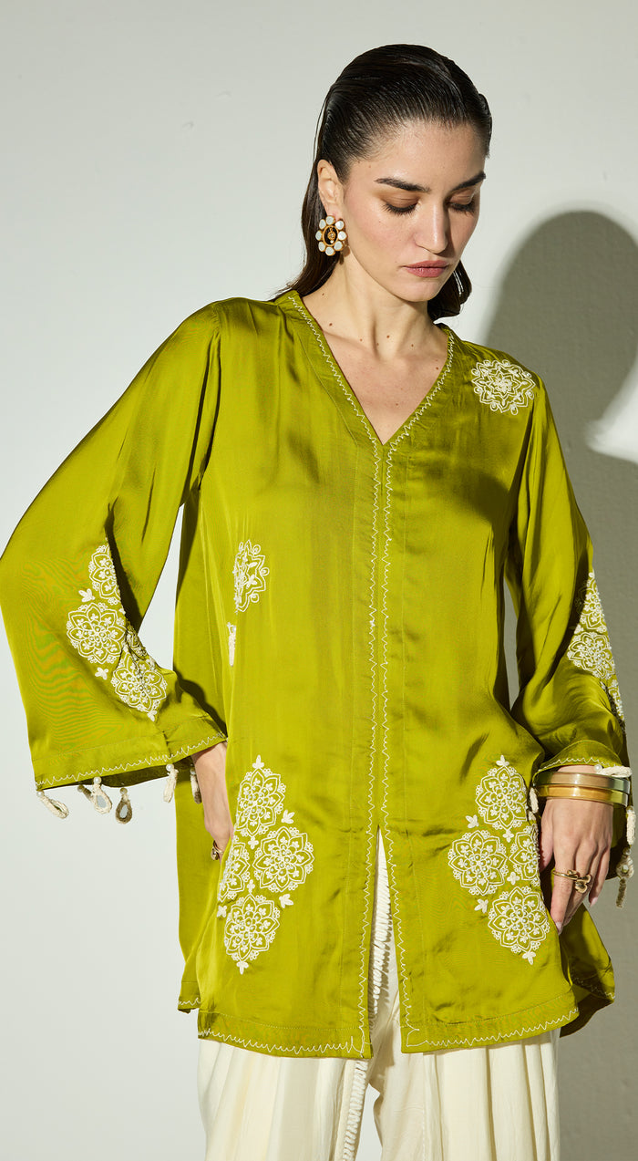 Green Satin Embroidered Co-ord Set