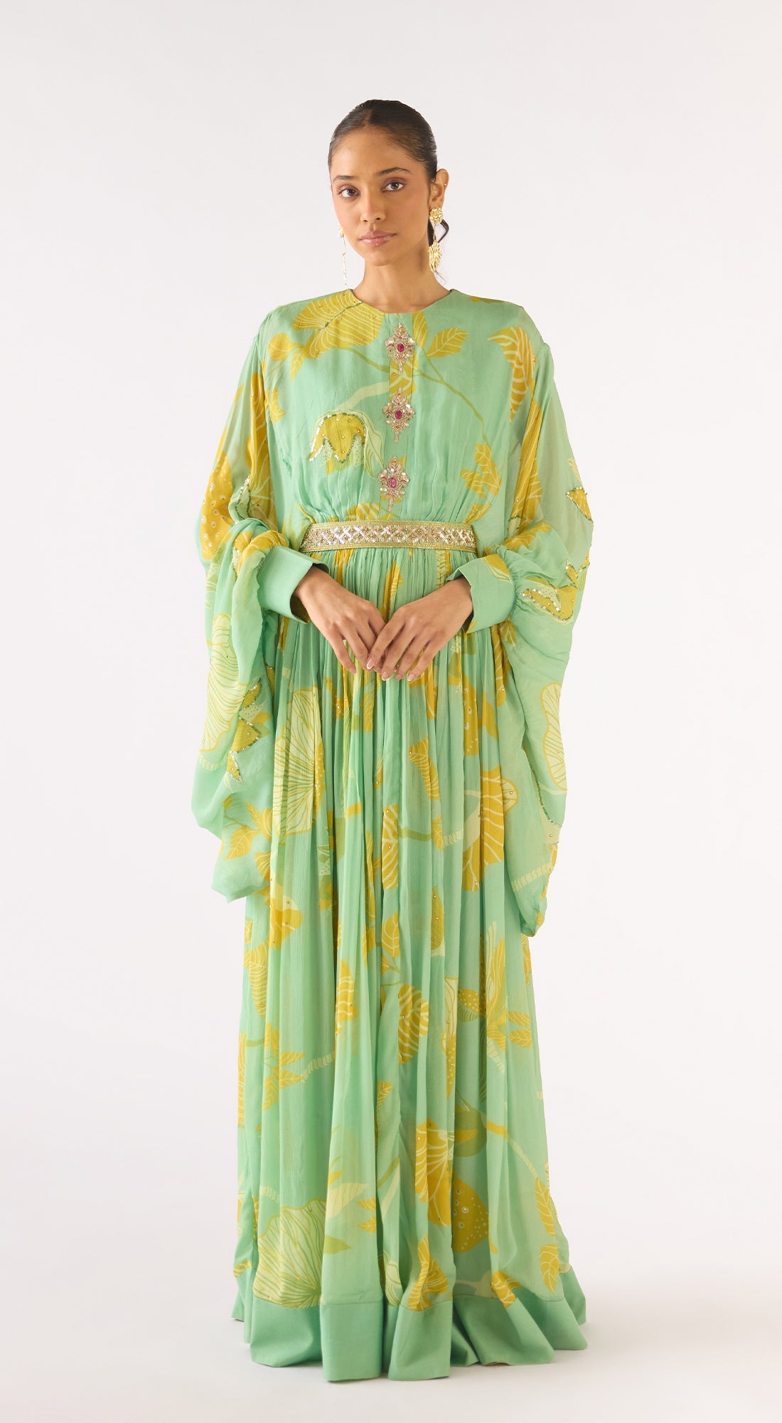 Green Georgette Embroidered Gown