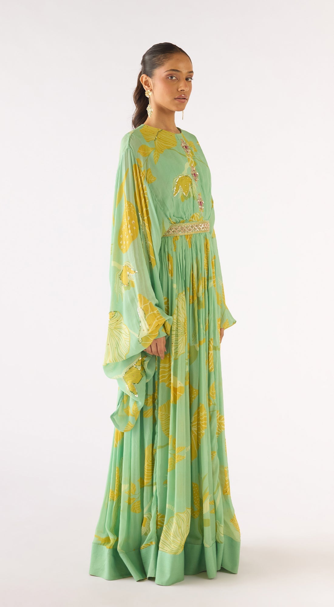 Green Georgette Embroidered Gown