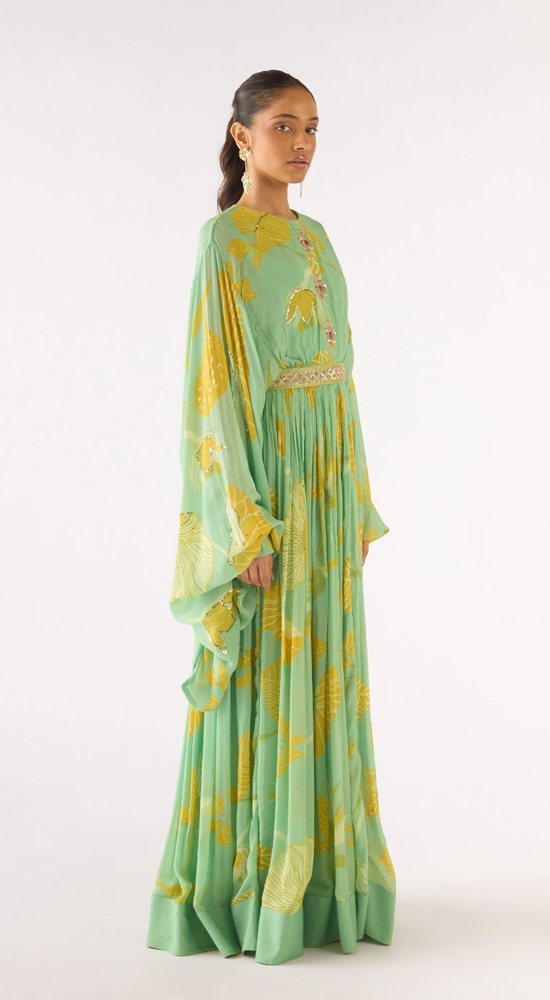 Green Georgette Embroidered Gown