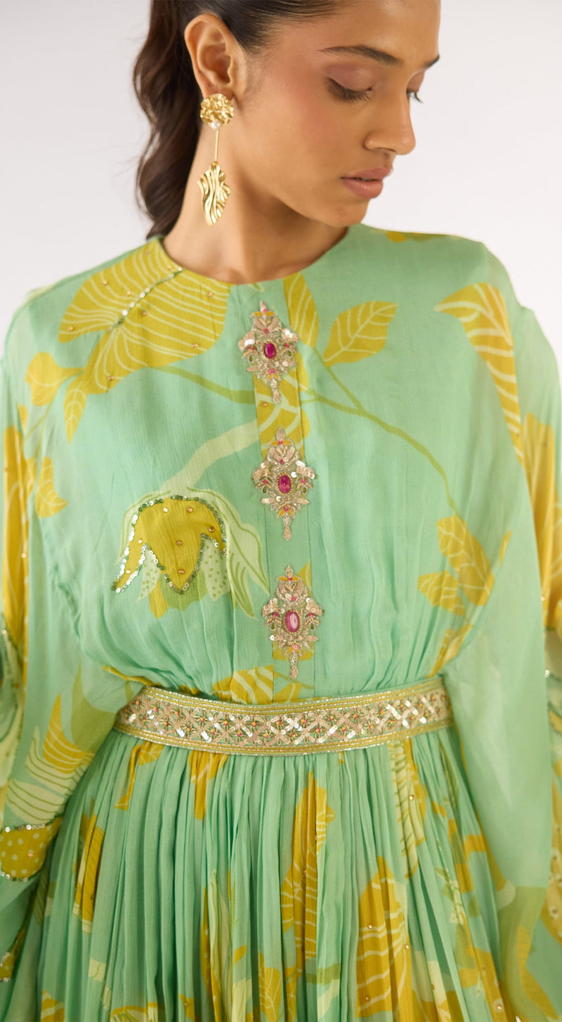 Green Georgette Embroidered Gown