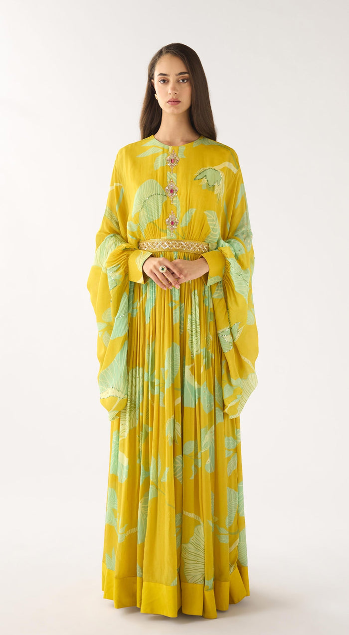 Yellow Georgette Embroidered Gown