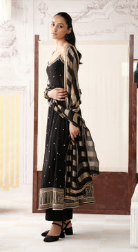 Black striped tissue sleevless Anarkali with mirror and bead work - Basanti kapde aur koffee