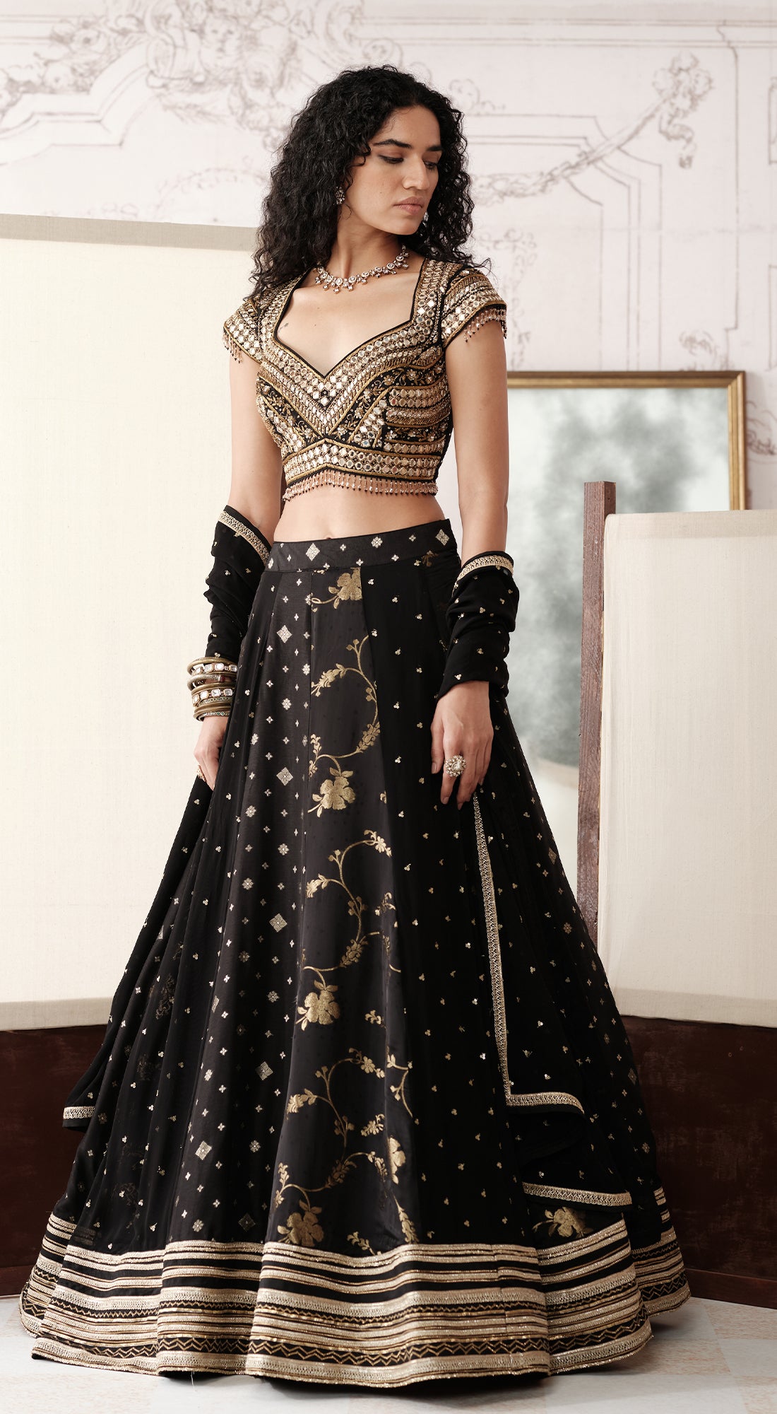 Black & Gold Banarasi silk lehenga with mirror and brass embroidery - Basanti kapde aur koffee