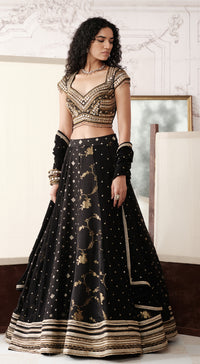 Black & Gold Banarasi silk lehenga with mirror and brass embroidery - Basanti kapde aur koffee