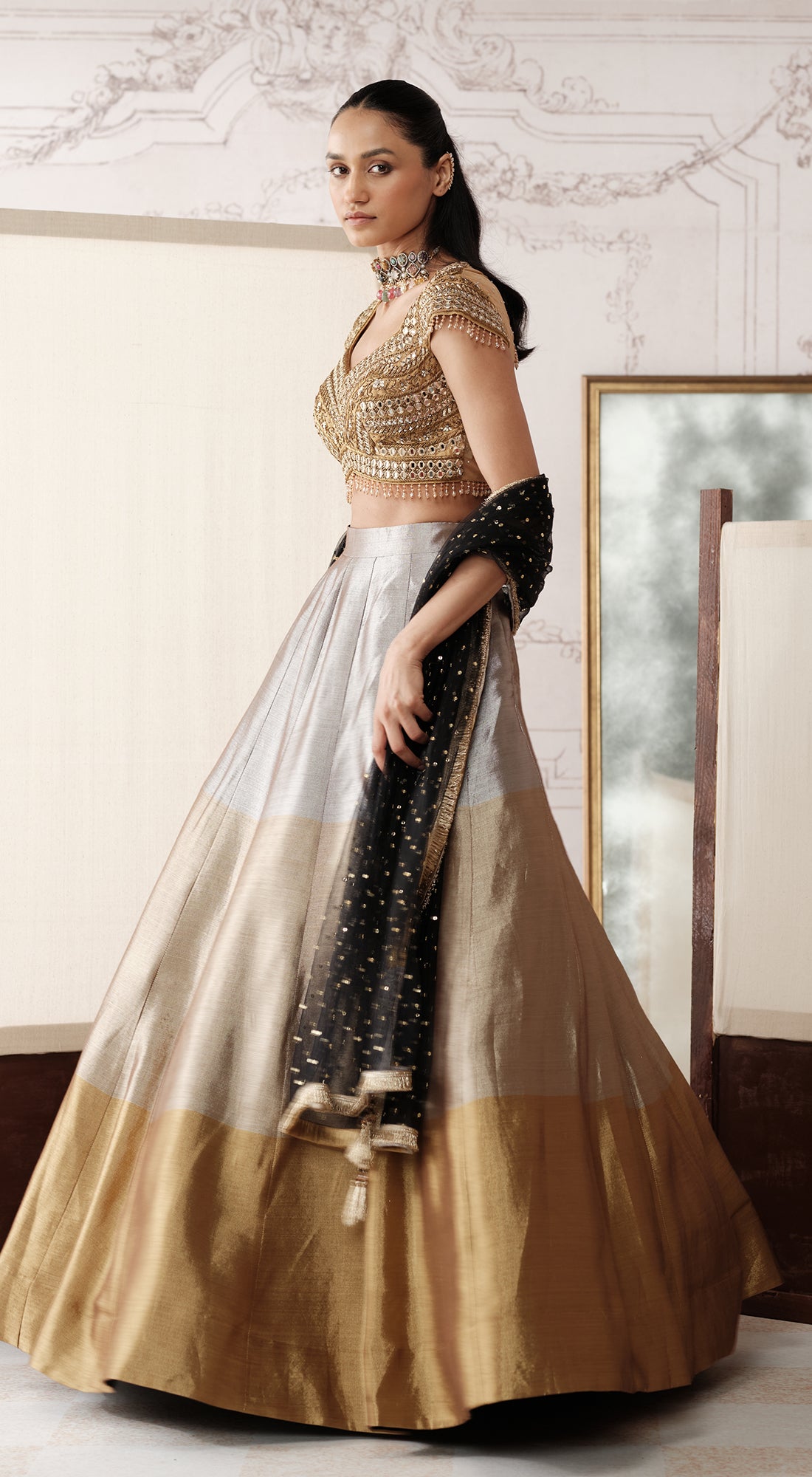 The Royal Gold Ombre embellished tissue lehenga - Basanti kapde aur koffee