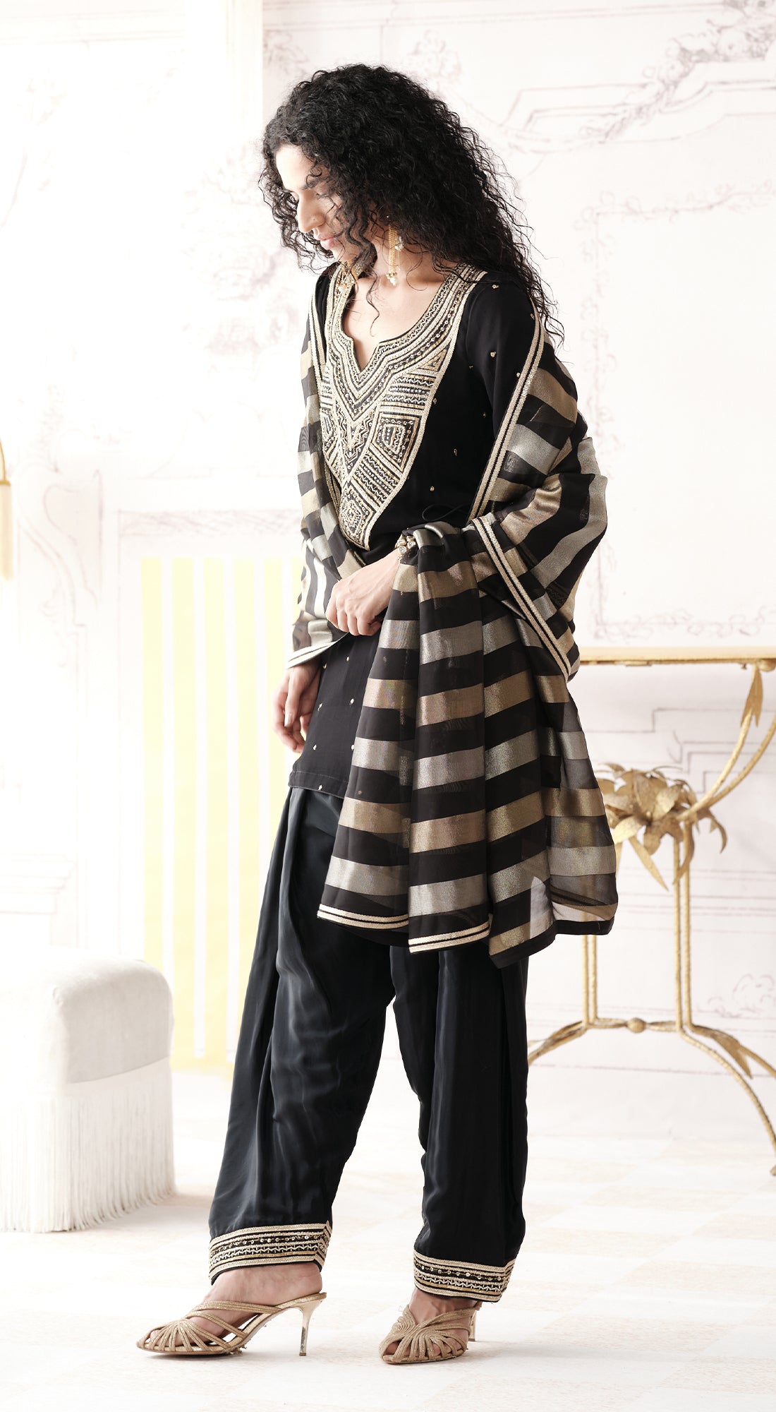 Full-sleeve black kurta set with mirror and gota work - Basanti kapde aur koffee