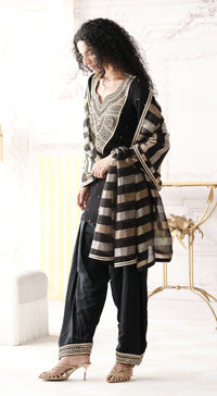 Full-sleeve black kurta set with mirror and gota work - Basanti kapde aur koffee