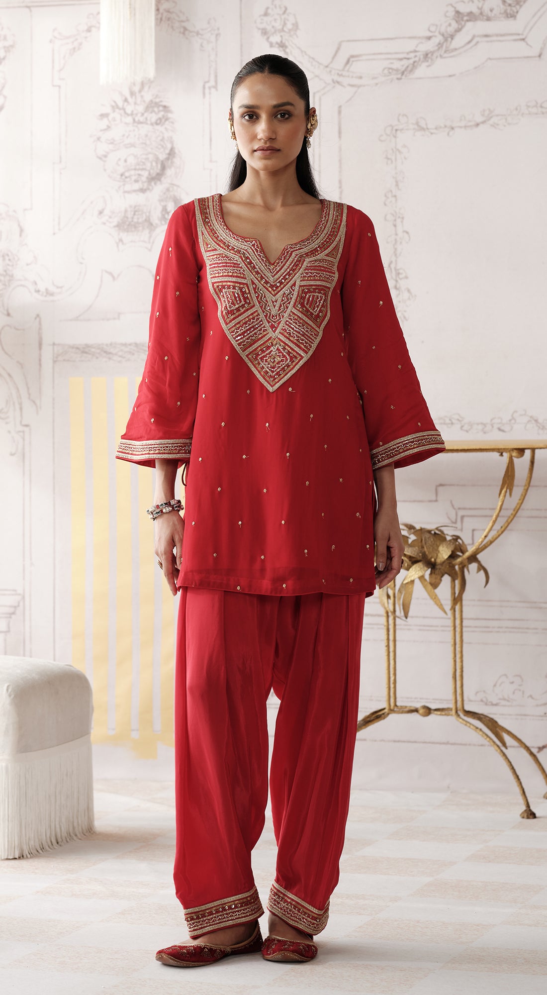 Red mirror work Designer palazzo suit with striped tissue dupatta - Basanti kapde aur koffee