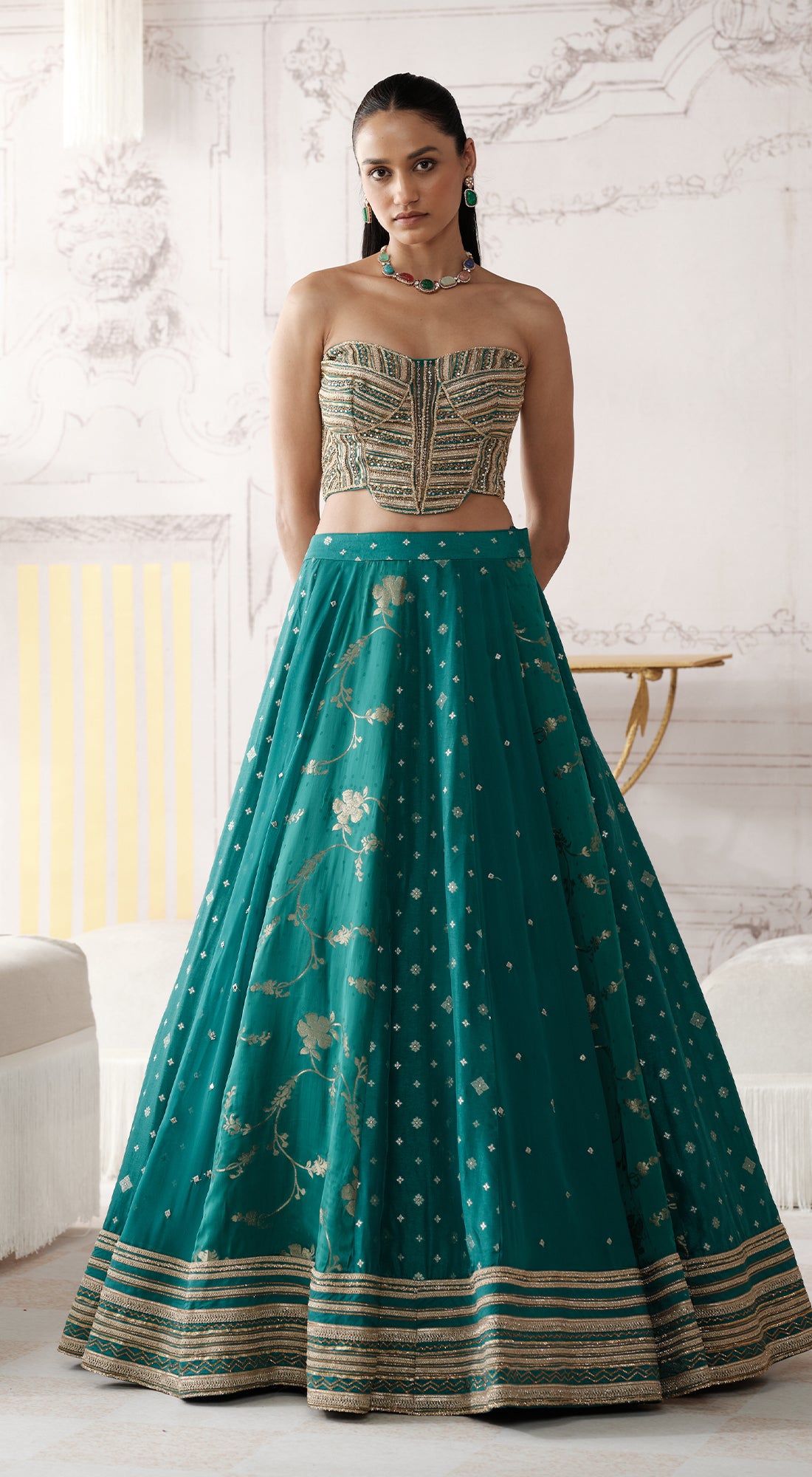 Green Banarasi corset lehenga with sweetheart-neck blouse - Basanti kapde aur koffee