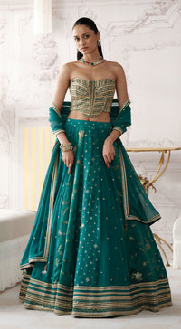 Green Banarasi corset lehenga with sweetheart-neck blouse - Basanti kapde aur koffee