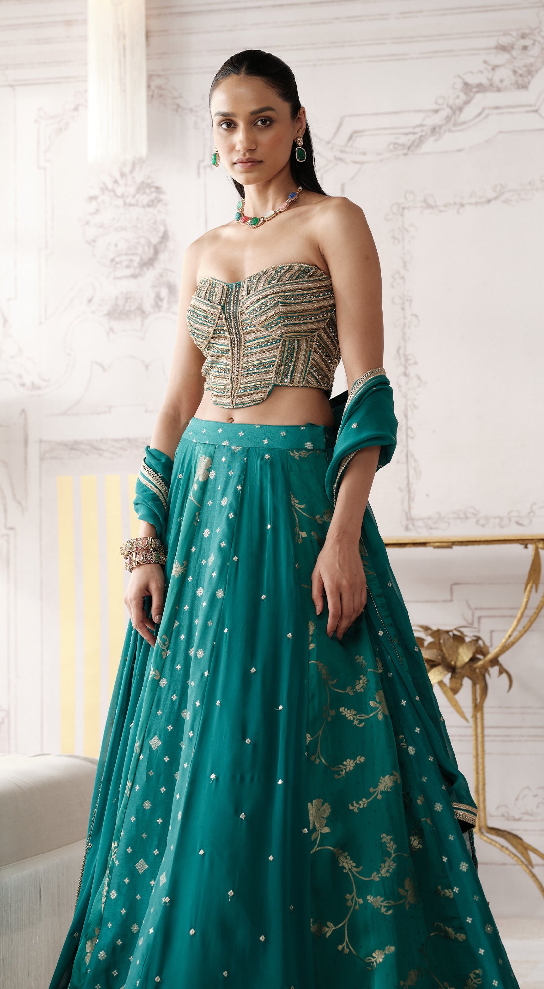 Green Banarasi corset lehenga with sweetheart-neck blouse - Basanti kapde aur koffee