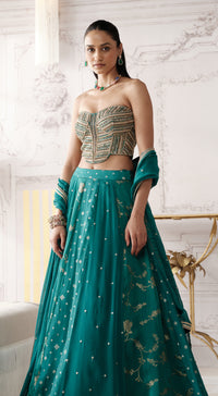 Green Banarasi corset lehenga with sweetheart-neck blouse - Basanti kapde aur koffee