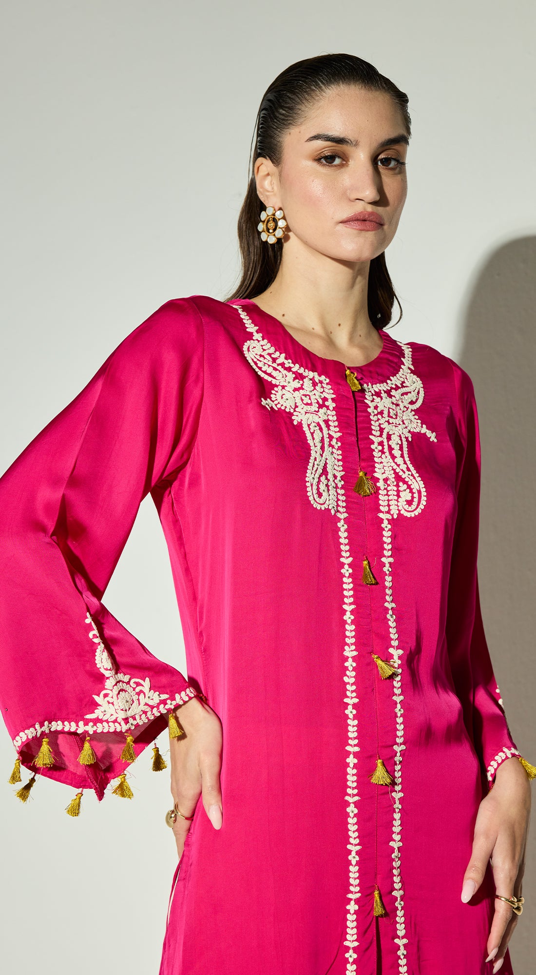 Rani-Pink Satin Embroidered Kurta Set