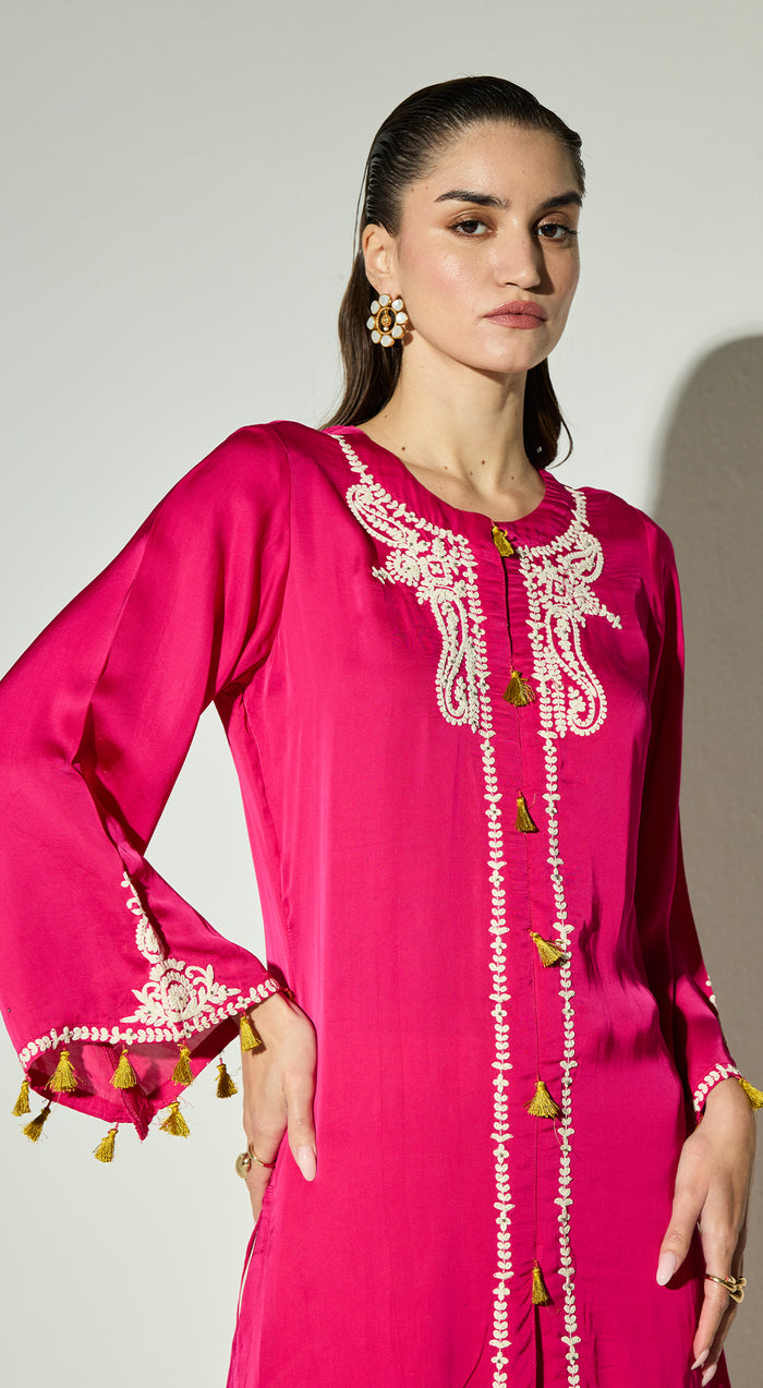 Rani-Pink Satin Embroidered Kurta Set