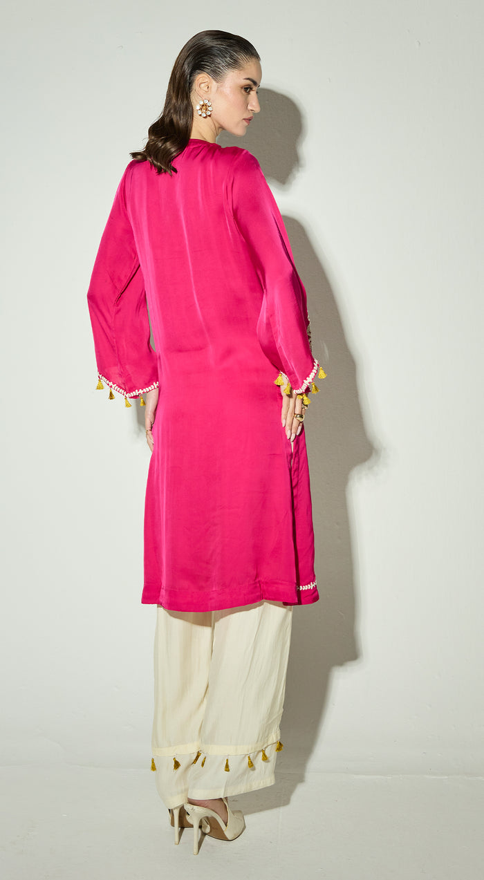 Rani-Pink Satin Embroidered Kurta Set