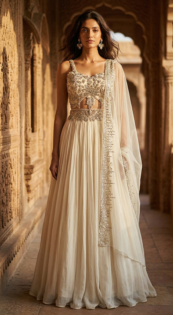 Ivory Georgette Embroidered Lehenga Set