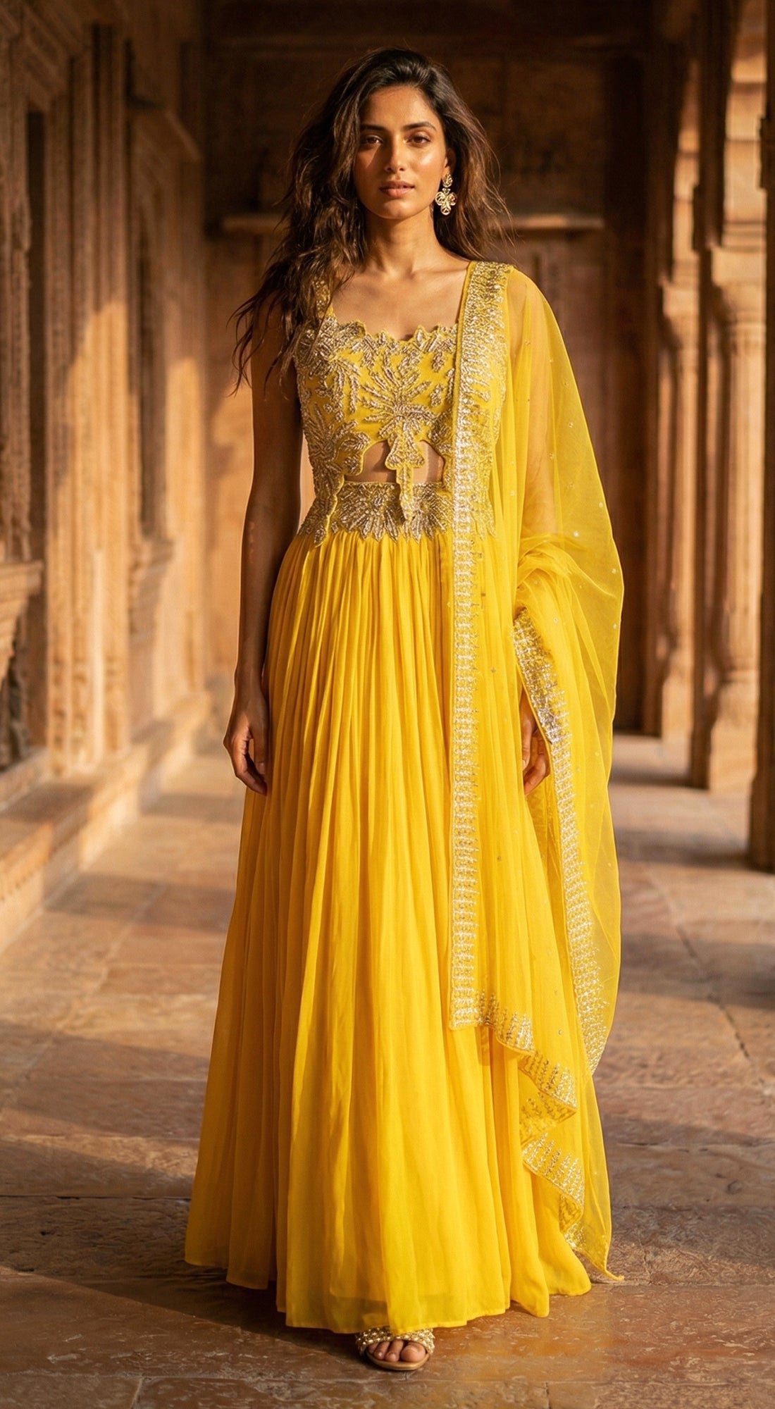 Yellow Georgette Embroidered Lehenga Set