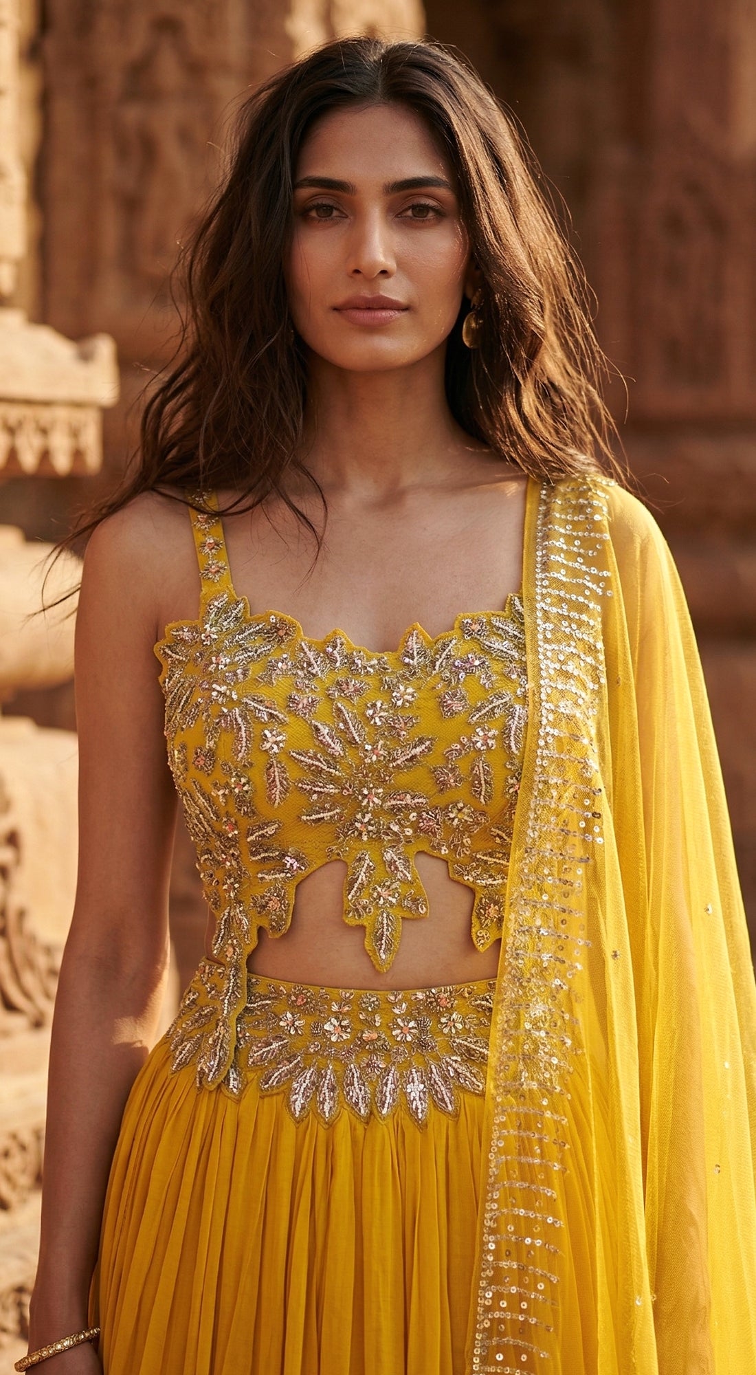 Yellow Georgette Embroidered Lehenga Set